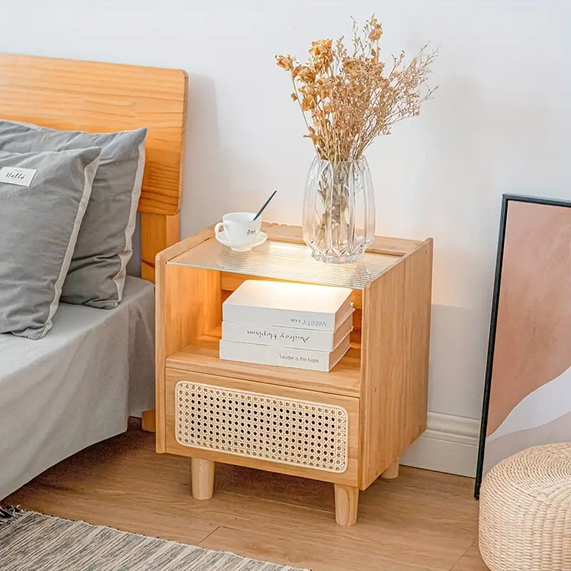 Modern Minimalist Bedside Table w/ Storage - Bamboo-3