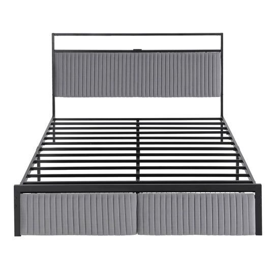 Artiss Metal Bed Frame Queen Size LED Charging Station 2 Drawers