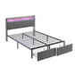 Double Bed Frame with 2 Storage Drawers and LED Lights Headboard, Upholstered Bed Frame with Charging Station, No Box Spring Needed, Easy Assembly - Grey