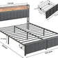 Queen Bed Frame with 2 Storage Drawers and LED Lights Headboard, Upholstered Bed Frame with Charging Station, No Box Spring Needed, Easy Assembly - Grey
