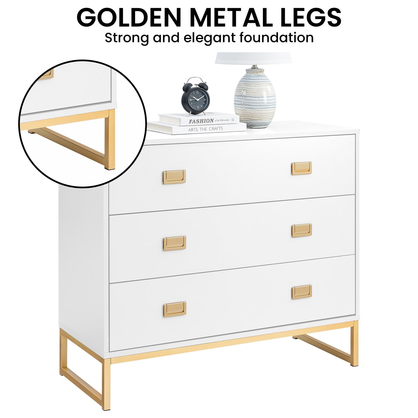 Sarantino Amara Chest of Drawers Tallboy Dresser in White/Gold