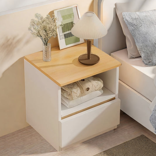 Modern Nightstand Oak Wood Grain Top White Cabinet Open Shelf Finger Pull