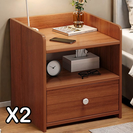 2x bedside table set vintage walnut tray drawer wooden nightstand pair