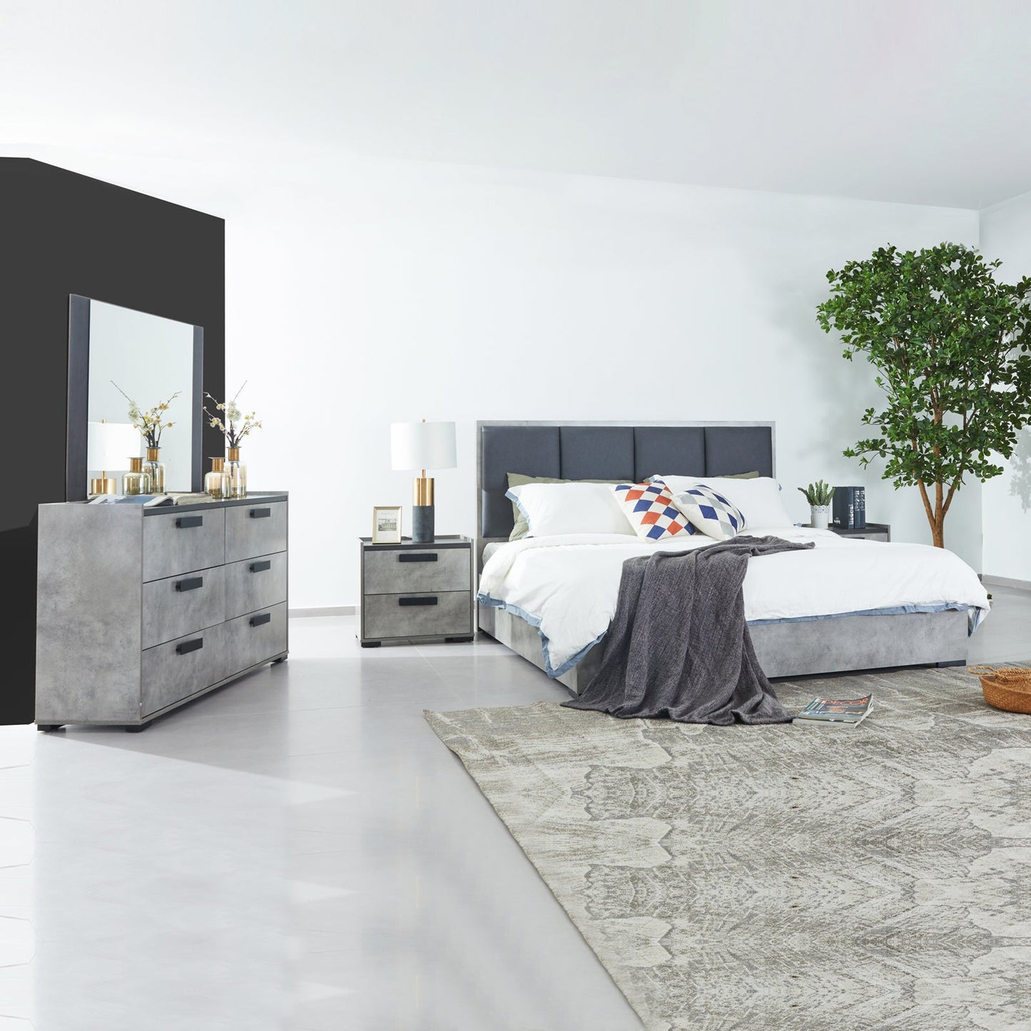 Queen 4 Pcs Bedroom Suite with Tallboy Fabric Upholstery MDF Combination of Black & Cement Colour