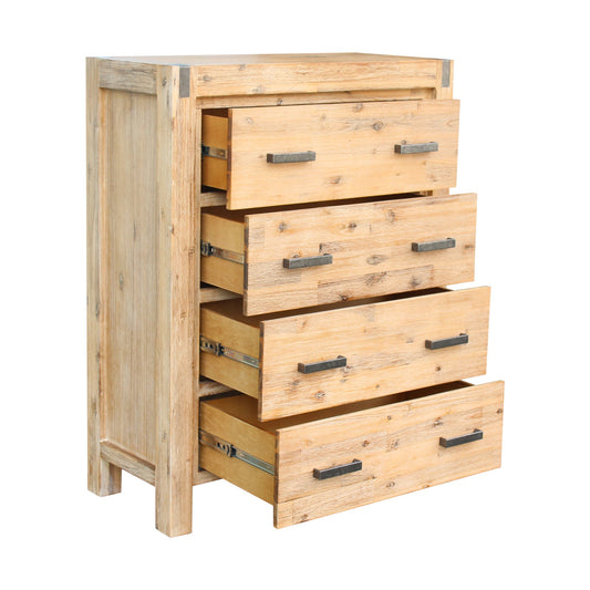 4 Pieces Bedroom Suite in Solid Wood Veneered Acacia Construction Timber Slat King Single Size Oak Colour Bed, Bedside Table & Tallboy